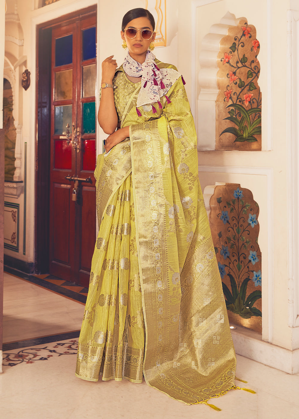 Tacha Yellow Zari Woven Linen Silk Saree