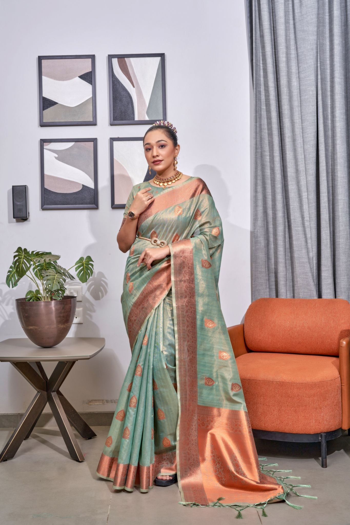 Surf Green Woven Organza Tissue Silk Saree