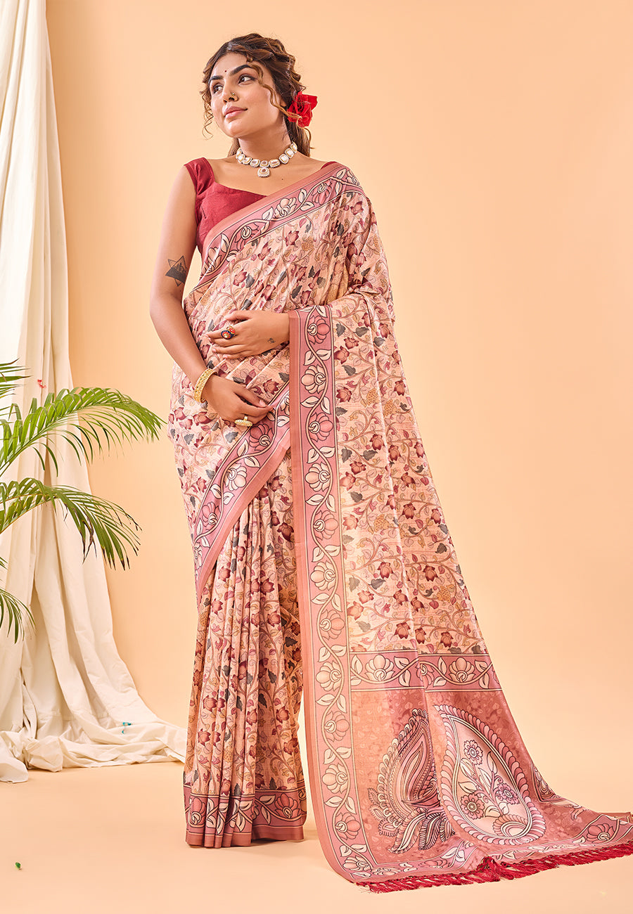 Blossom Pink Floral Kalamkari Printed Saree