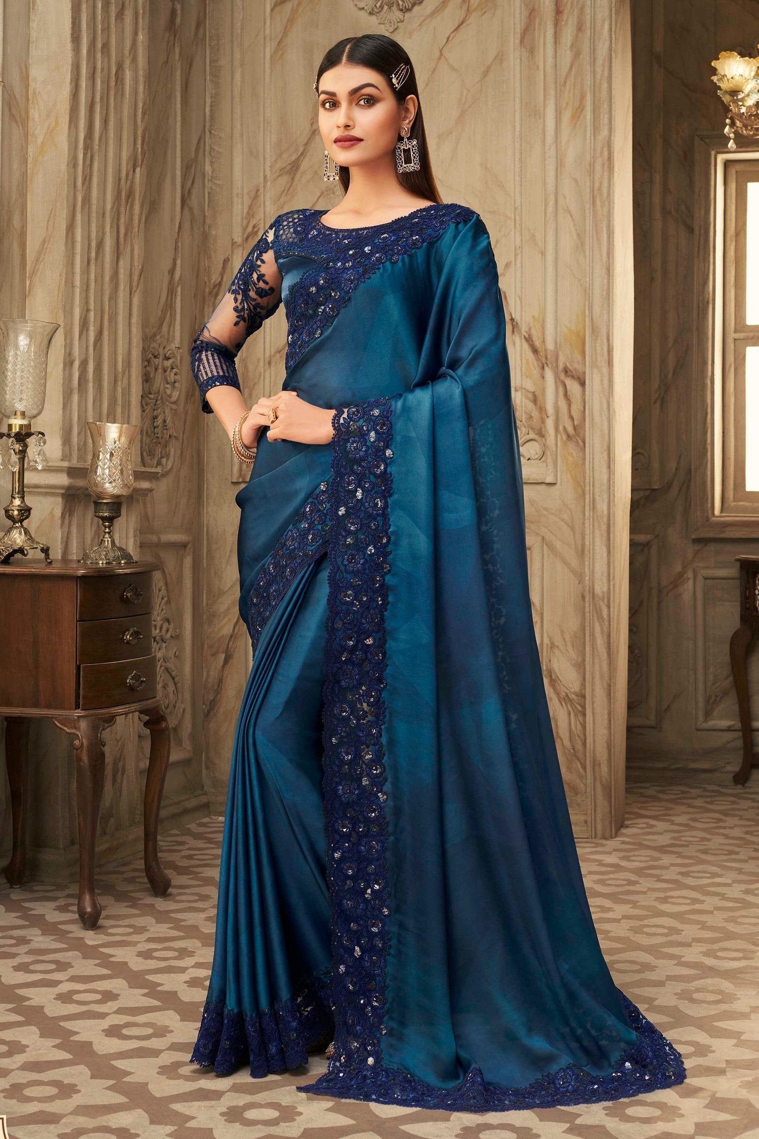 Tarawera Blue Designer Silk Saree