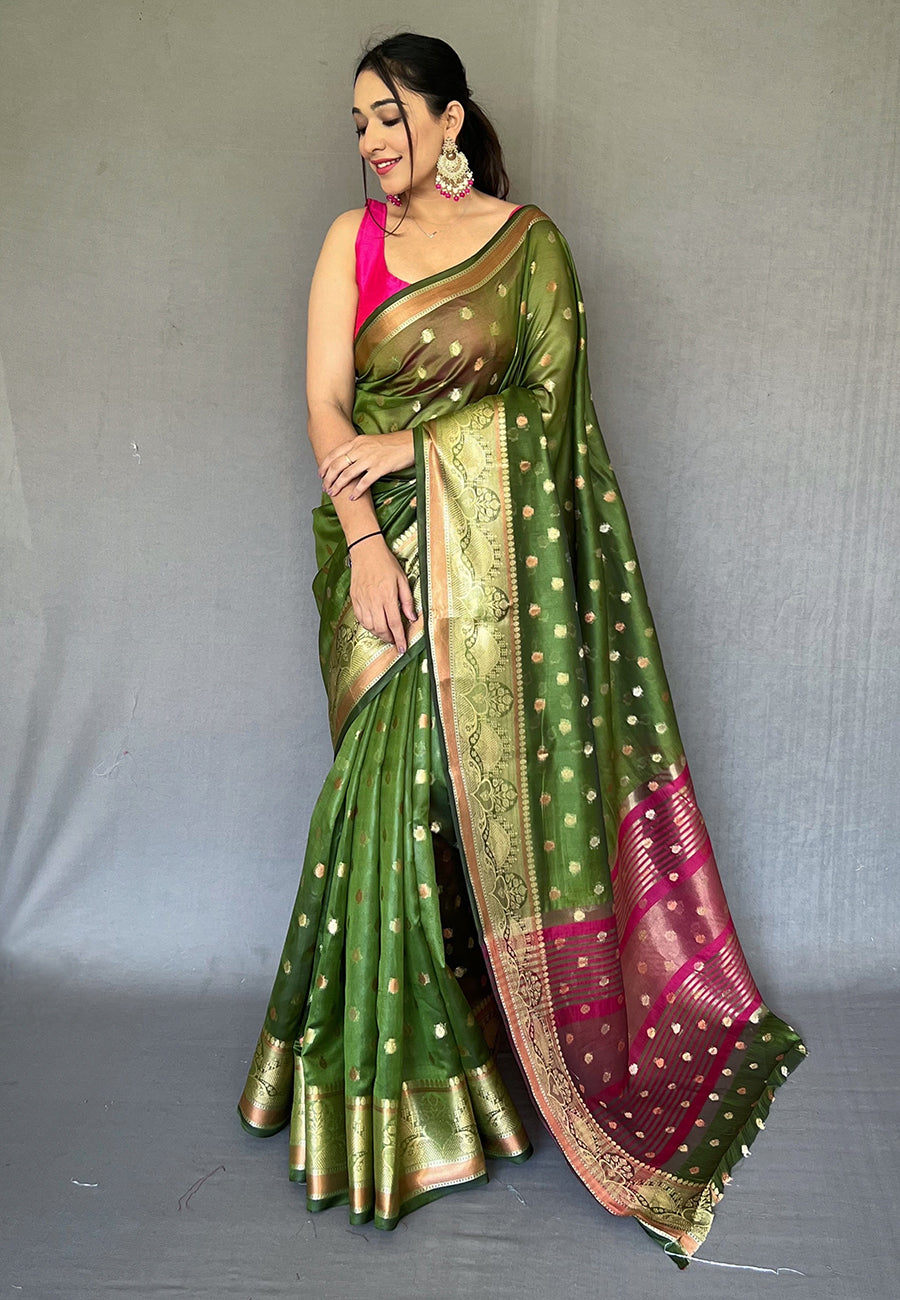 Thatch Green Zari Woven Organza Silk Saree