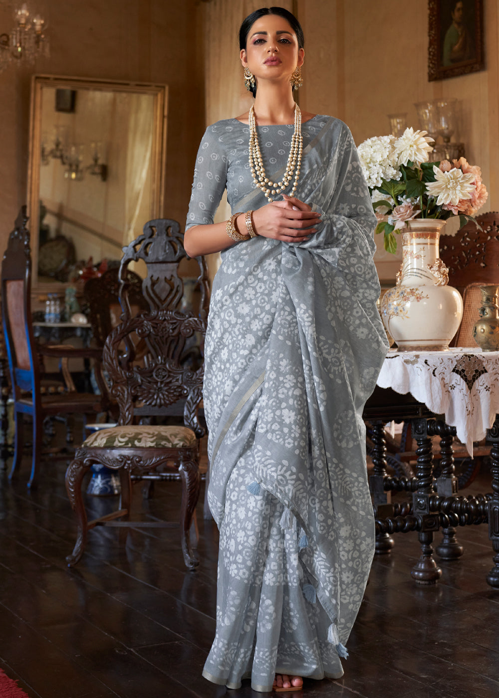 Manatee Grey Light Weight Linen Saree