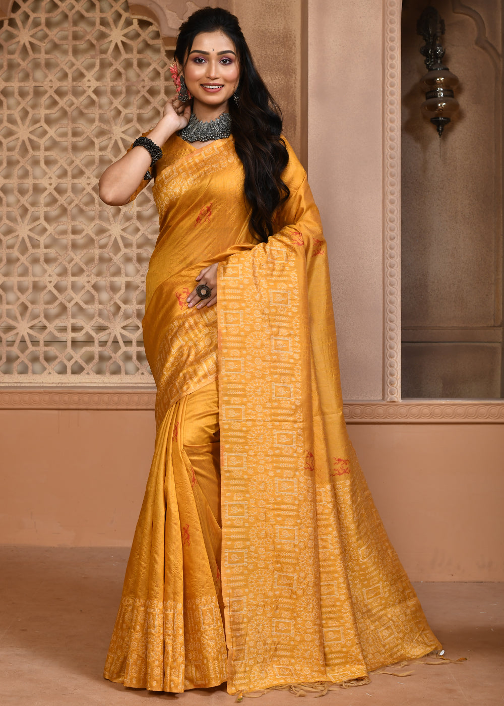 Koromiko Yellow Woven Textured Cotton Silk Saree