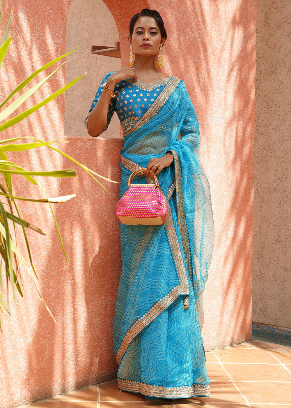 Hippie Blue Lehriya Organza Saree With Embroidered Blouse