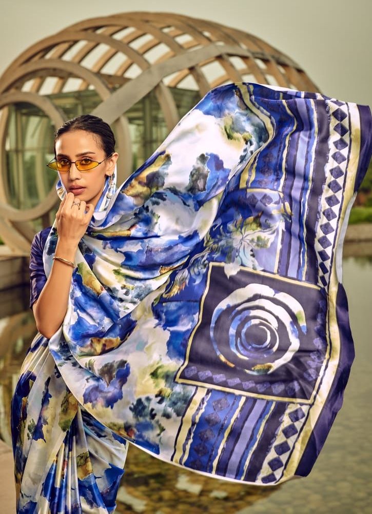 Blue Bell Digital Printed Satin Silk Saree