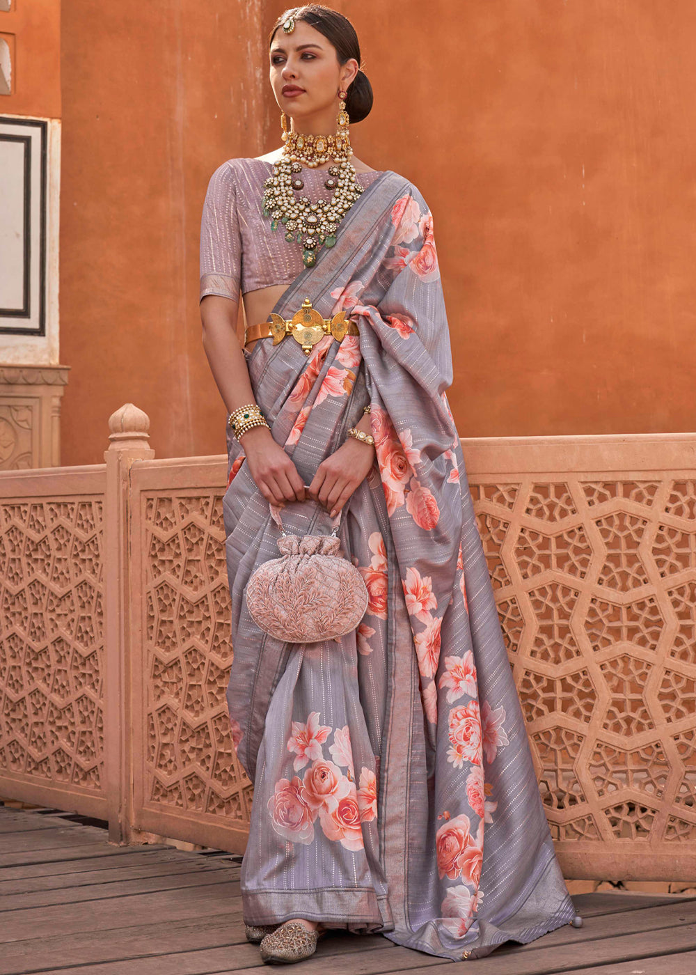 Mine Grey Soft Floral Printed Silk Saree