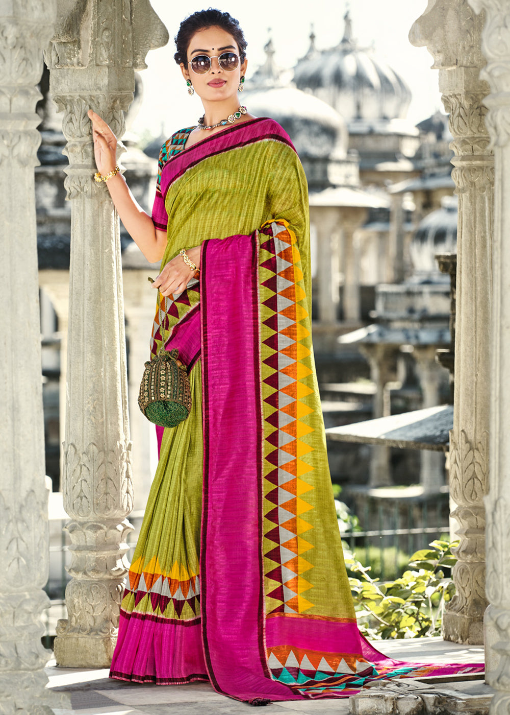 Atlantis Green and Pink Gadhwal Silk Saree