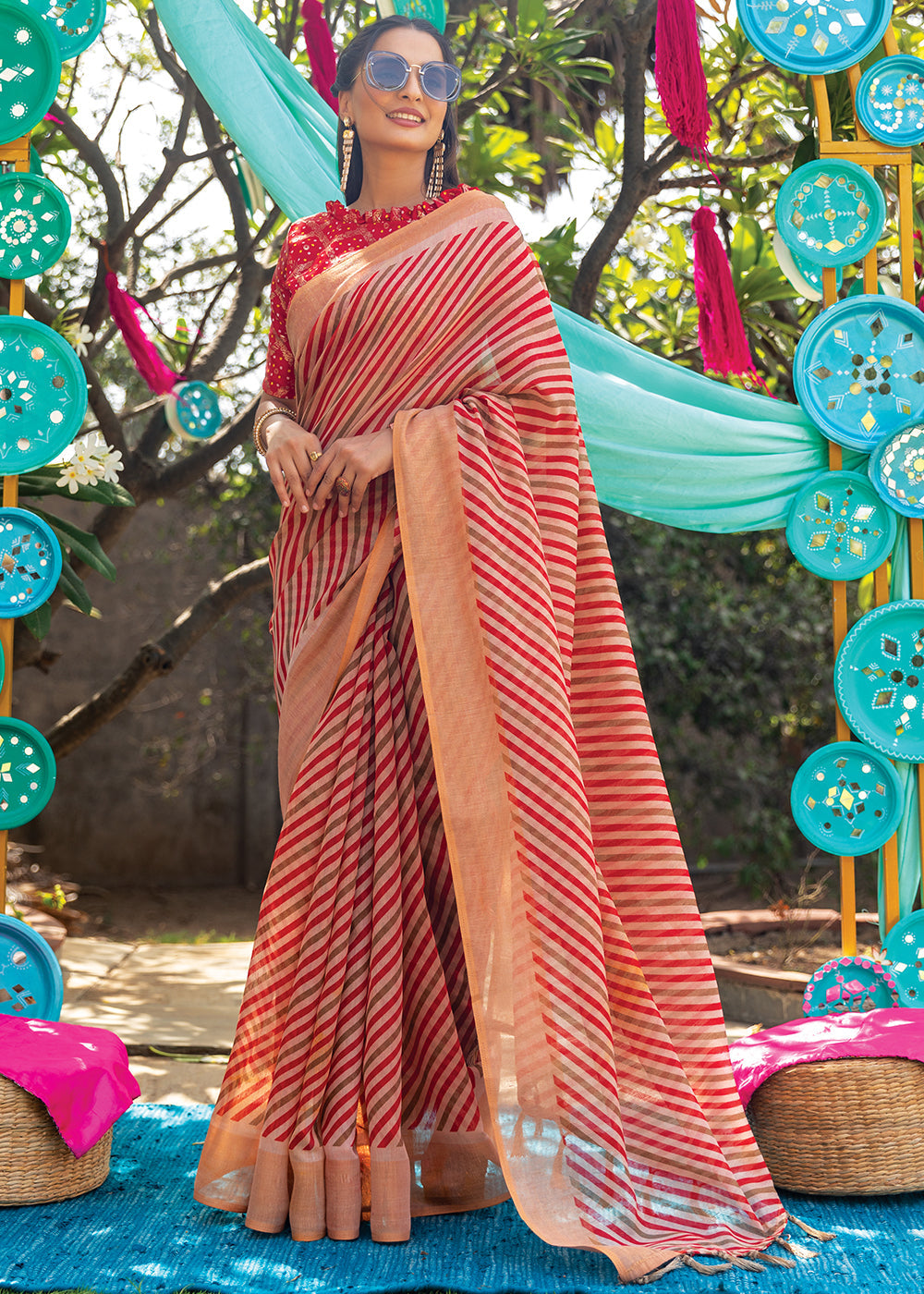 Roman Red Cotton Saree With Leheriya Print