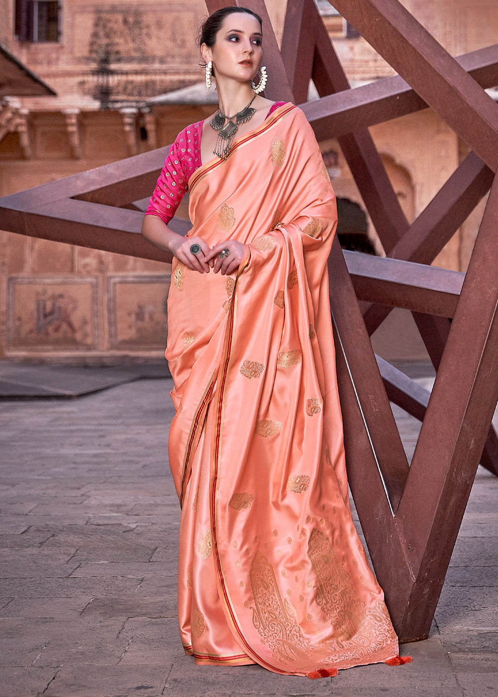 Cornflower Lilac Peach Woven Satin Silk Saree