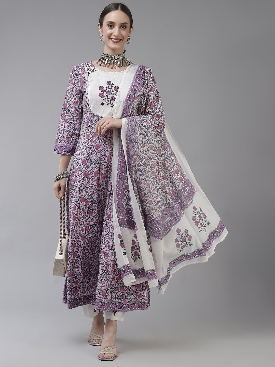 Mobster Lavender Ethnic Motifs Cotton Dupatta Set