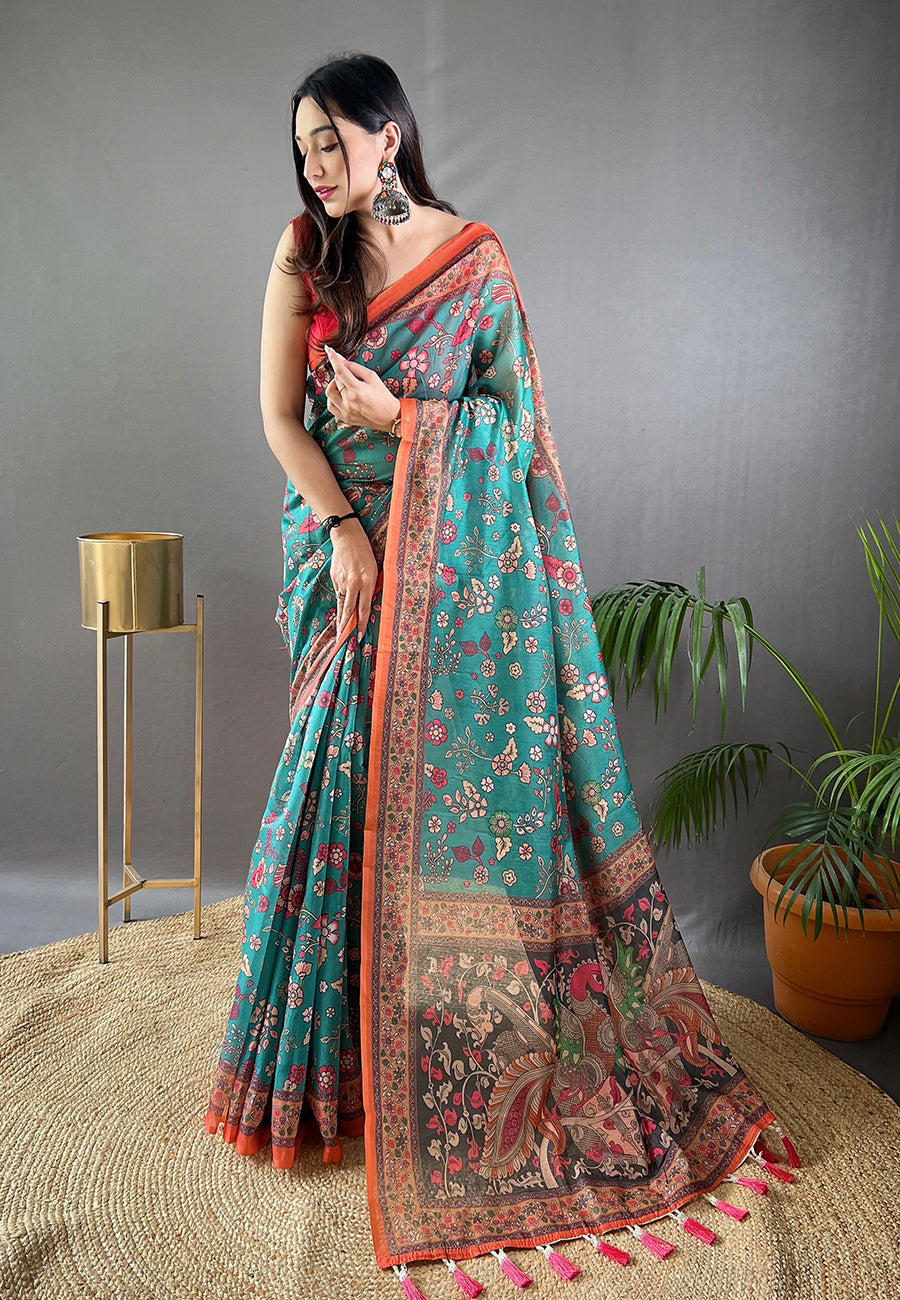 Keppel Blue Cotton Kalamkari Printed Saree