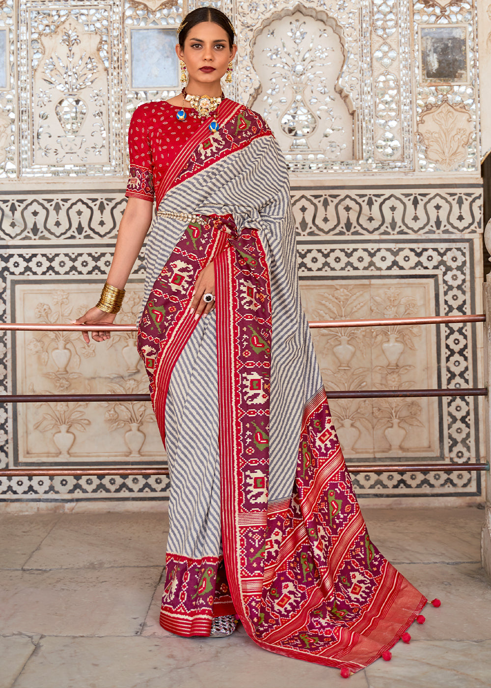 Bizarre Red and White Cotton Patola Printed Saree