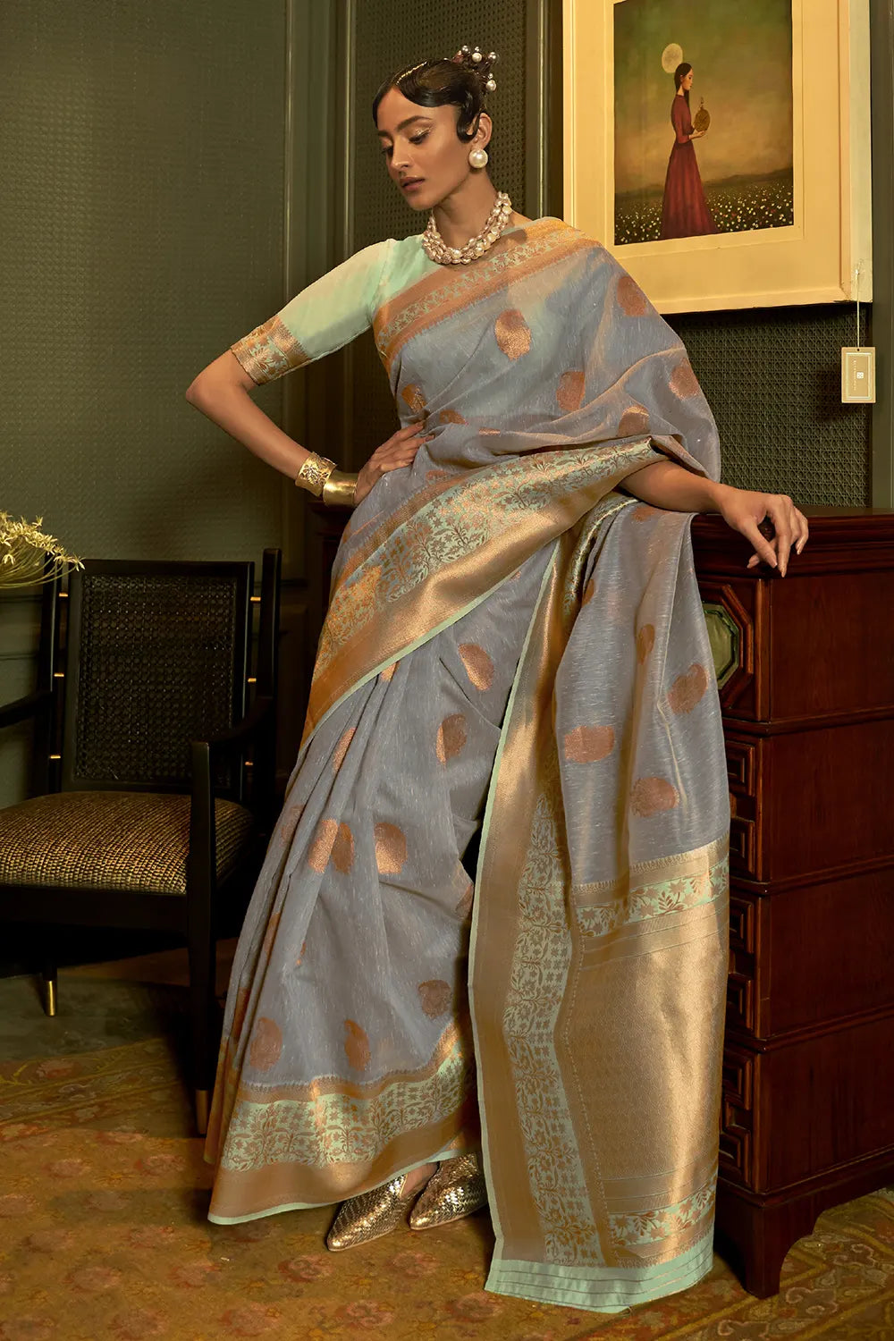 Tapa Grey Copper Zari Woven Linen Saree