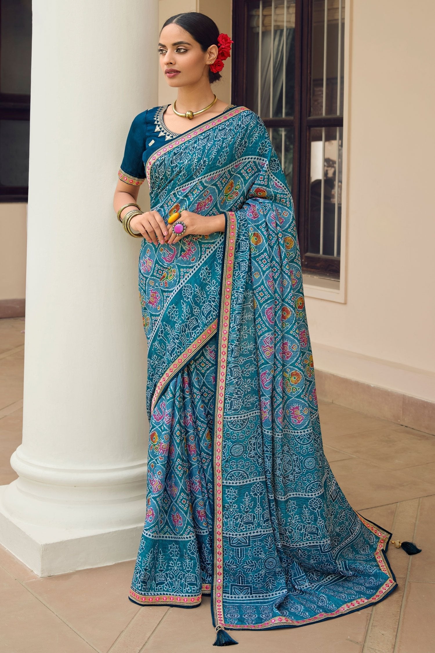 Pewter Blue Patola Printed Saree