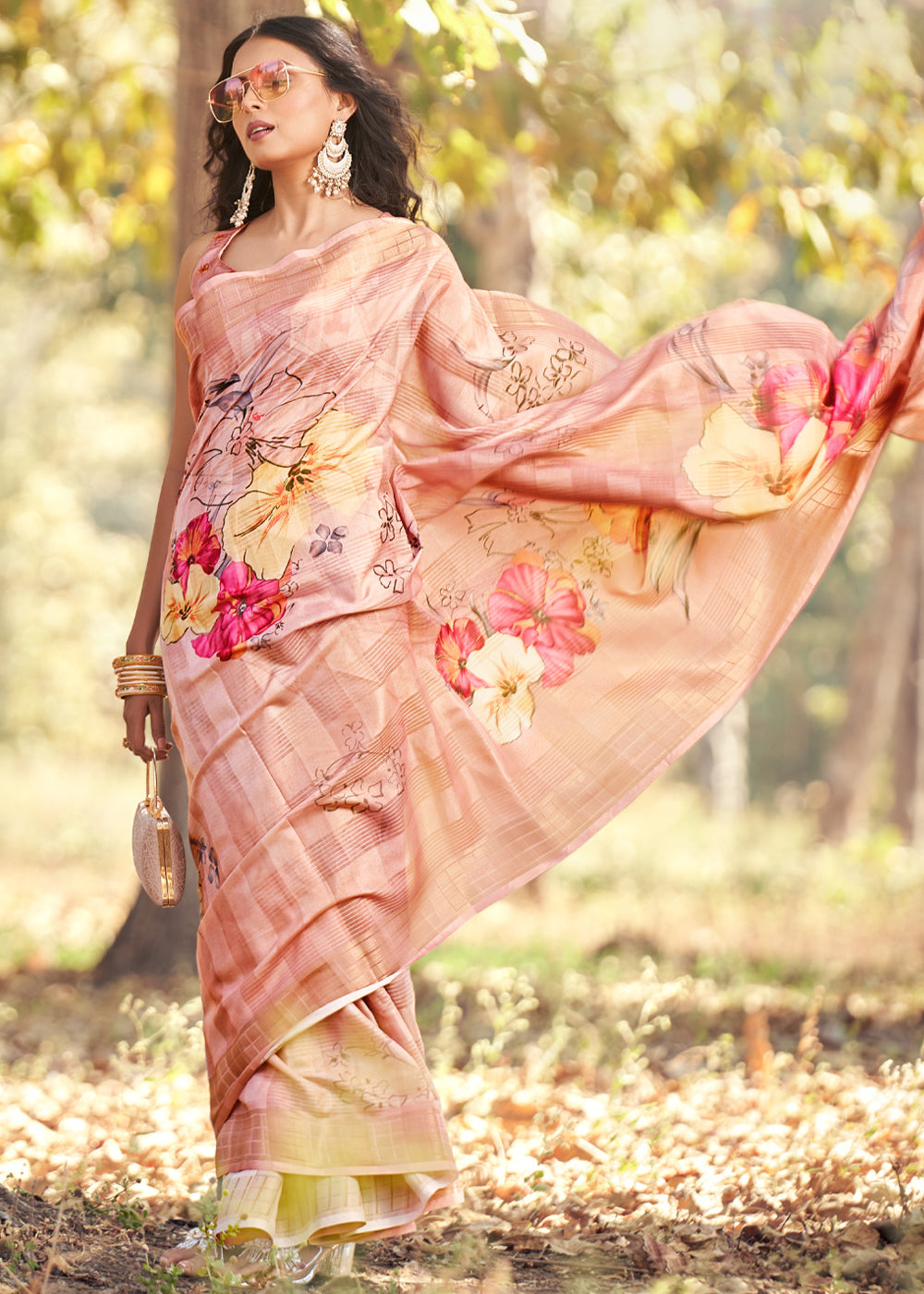 Wheat Pink Floral Printed Cotton Silk Saree