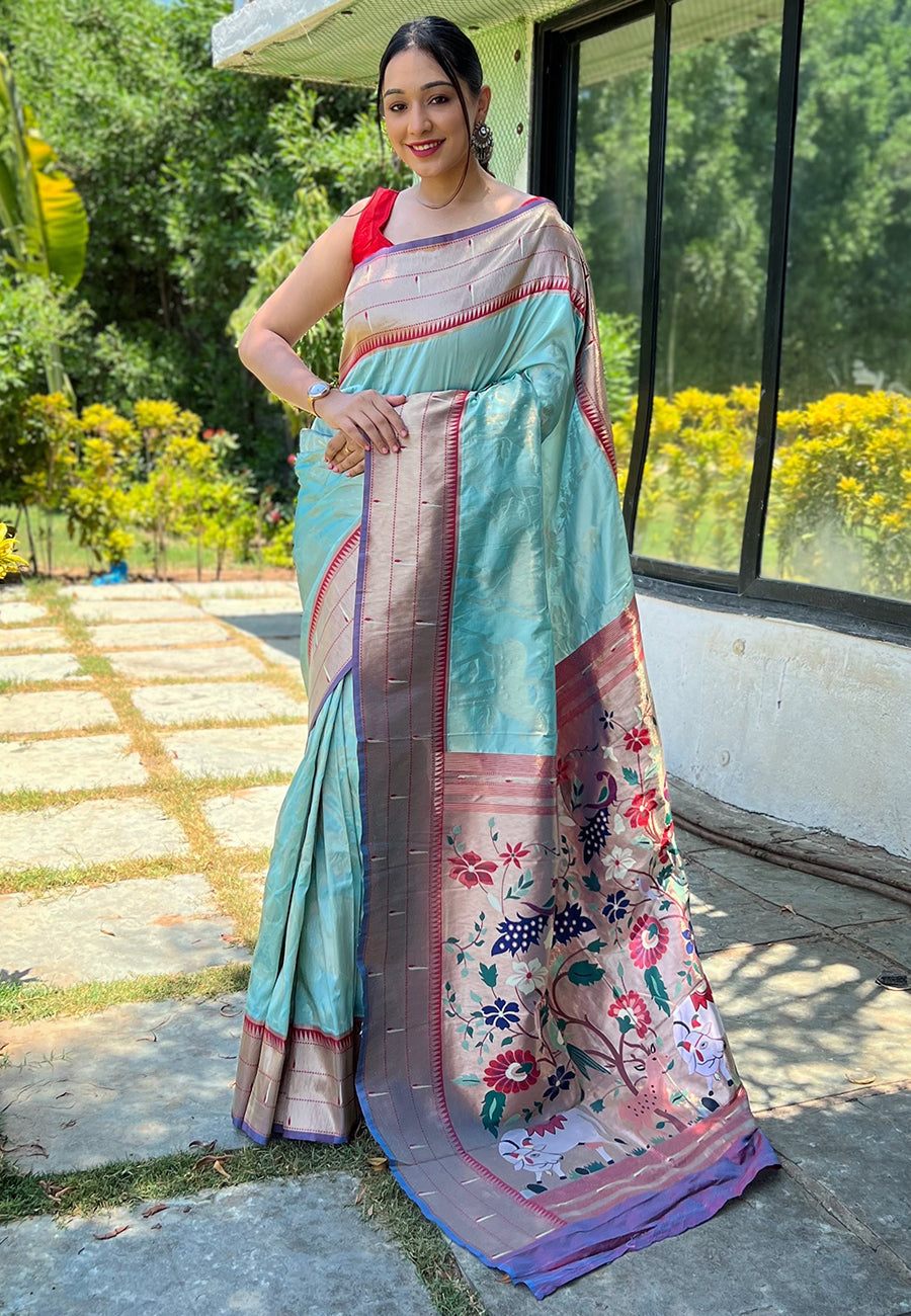 Aqua Island Blue Pichwai Woven Paithani Silk Saree