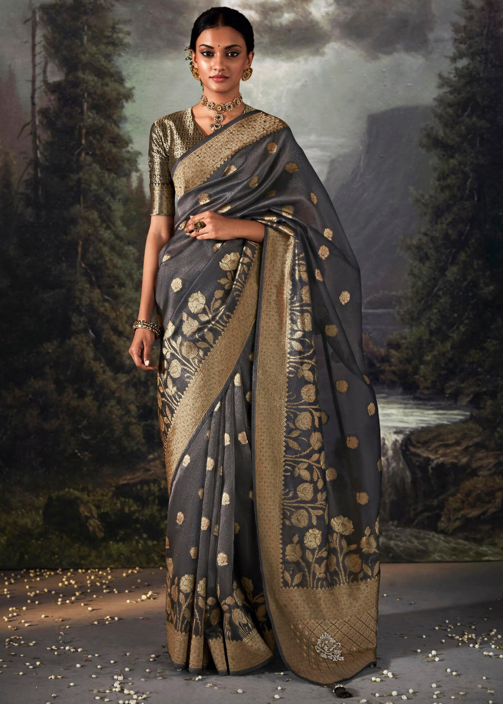 Scorpion Grey Woven Banarasi Organza Silk Saree