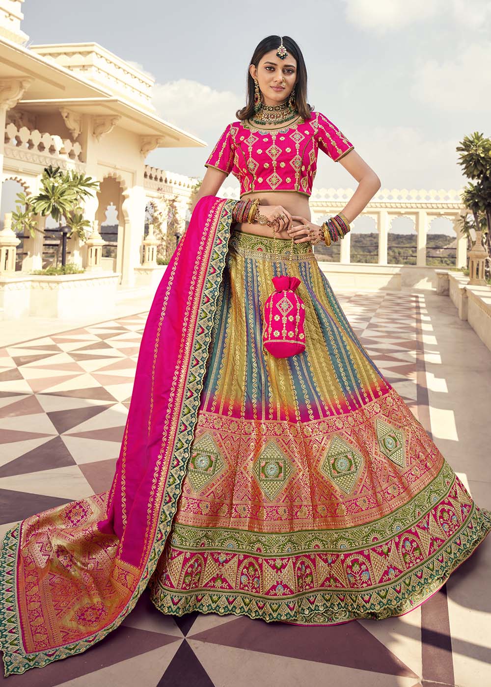 Sark Multi Colour Banarasi Silk Lehenga Choli