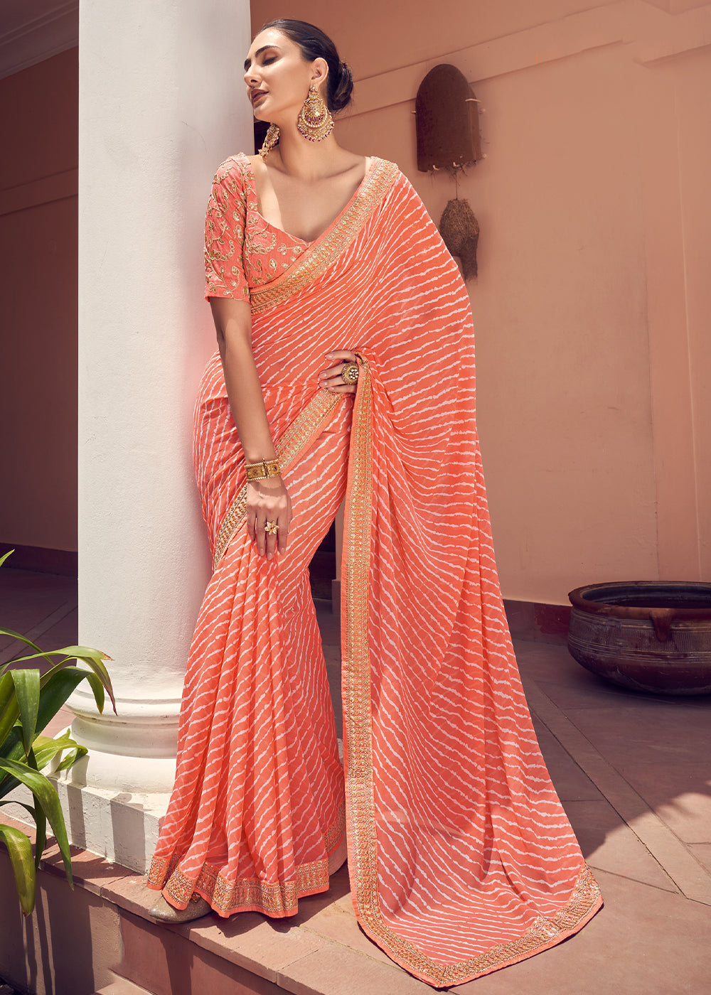 Tan Orange Lehriya Print Georgette Saree With Embroidered Blouse