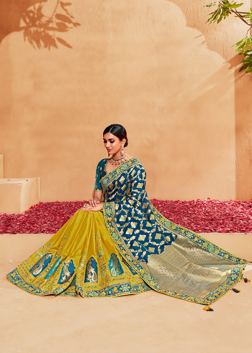 Golden Grass Yellow and Blue Embroidered Banarasi Silk Saree