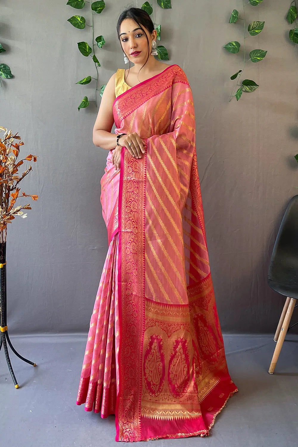 Chestnut pink Zari Woven Organza Saree