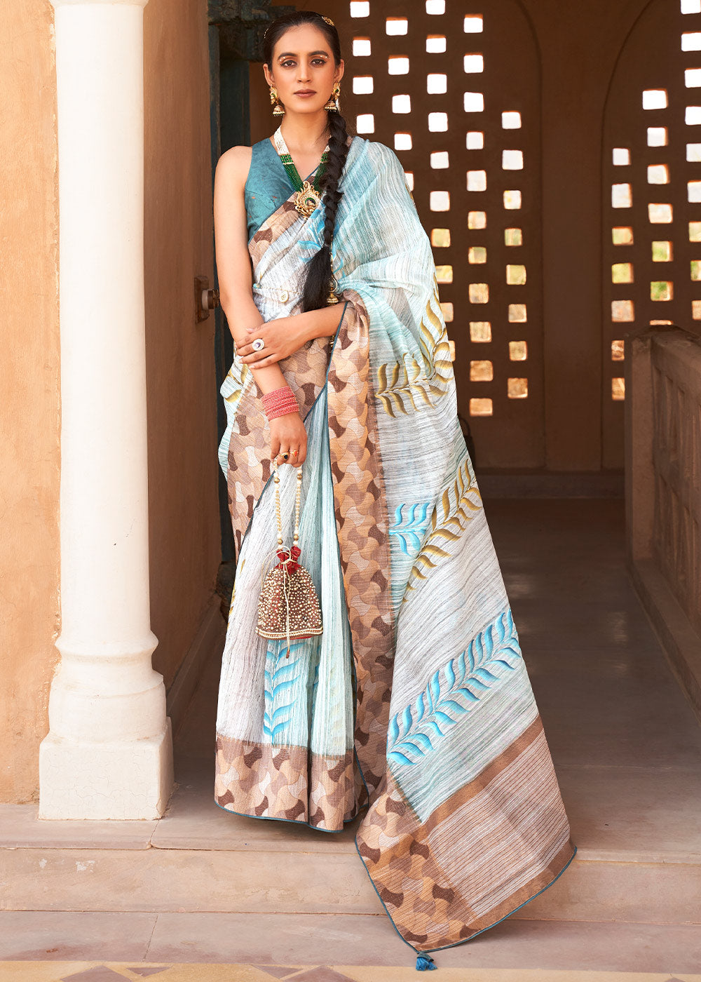 Geyser Blue Printed Kora Silk Saree