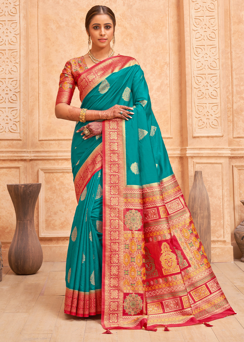 Atoll Blue and Red Zari Woven Banarasi Silk Saree