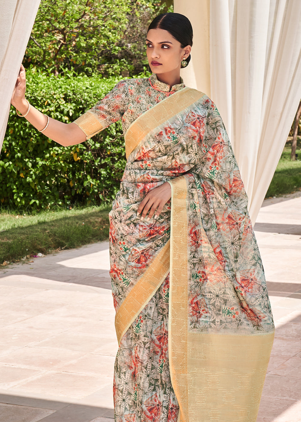 Harlequin White Digital Print Linen Saree