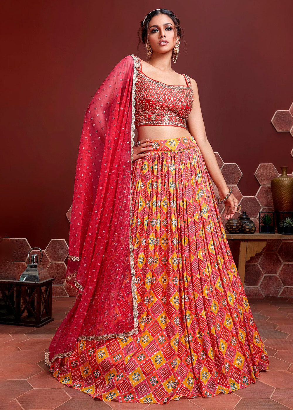 Mojo Red and Orange Bandhani Printed Chinon Silk Lehenga Choli