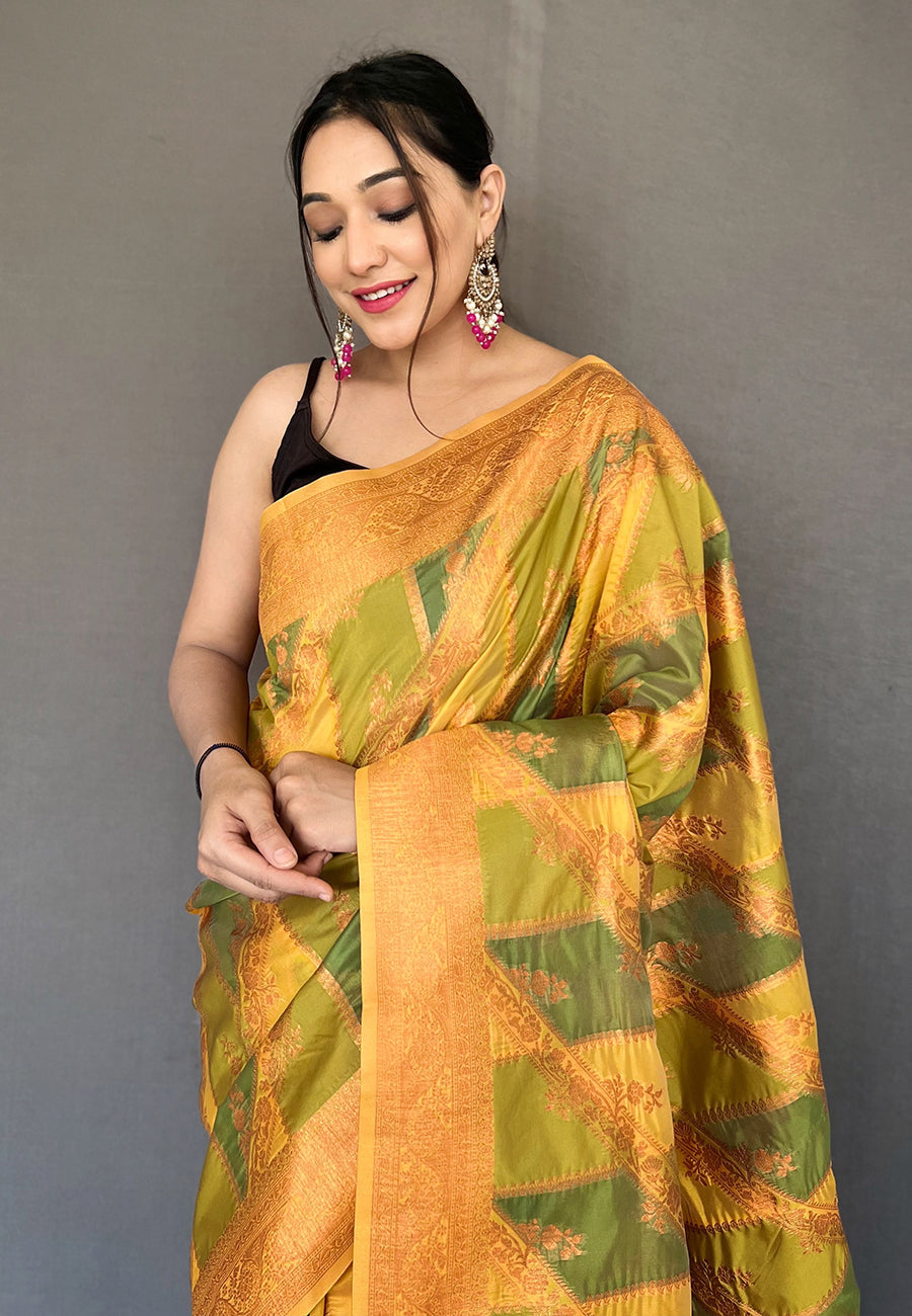 Barley Corn Green and Yellow Copper Zari Woven Organza Saree