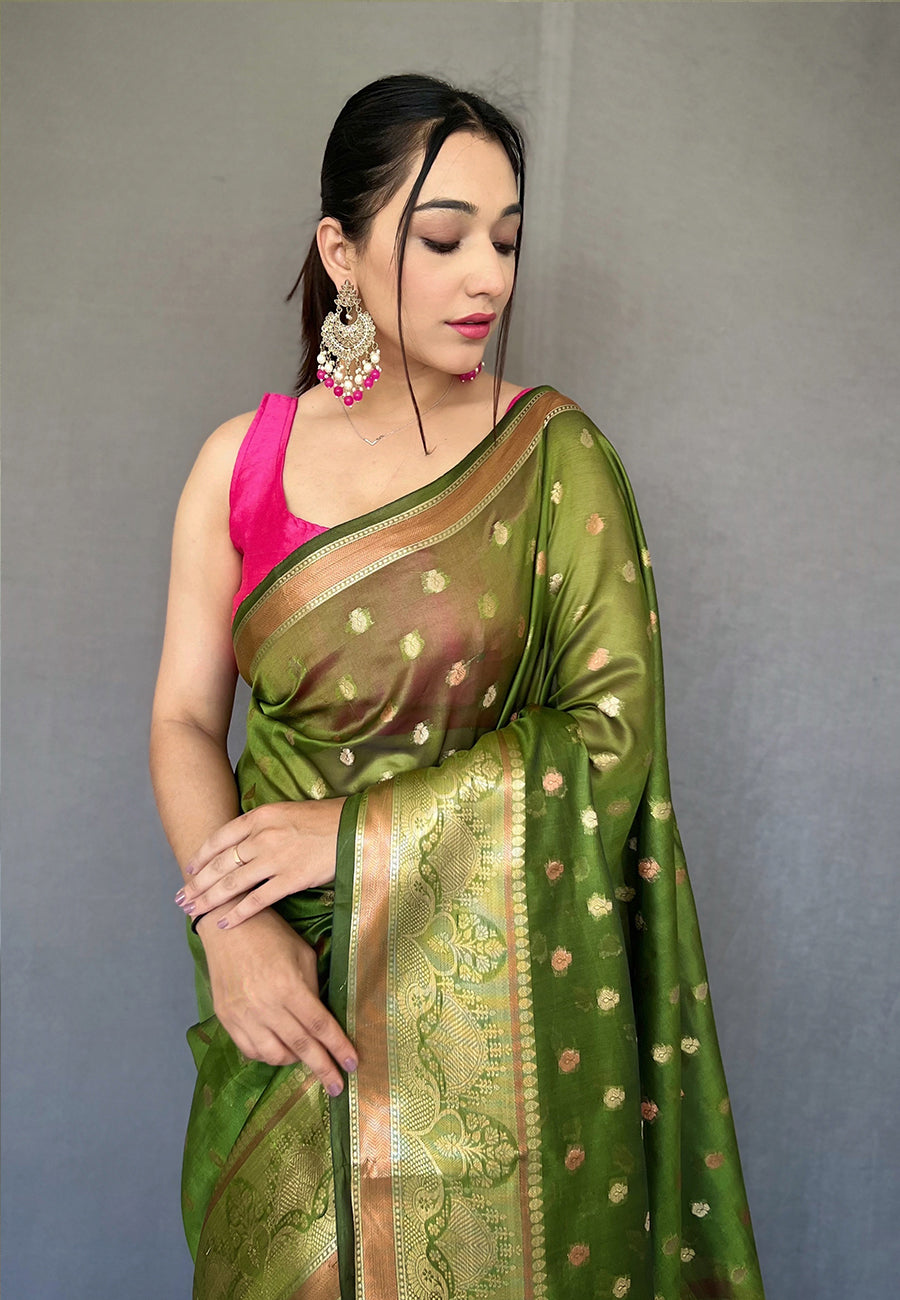 Thatch Green Zari Woven Organza Silk Saree