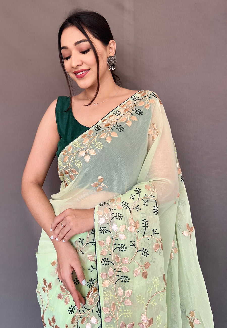 Zanah Green Embroidered Organza Silk Saree