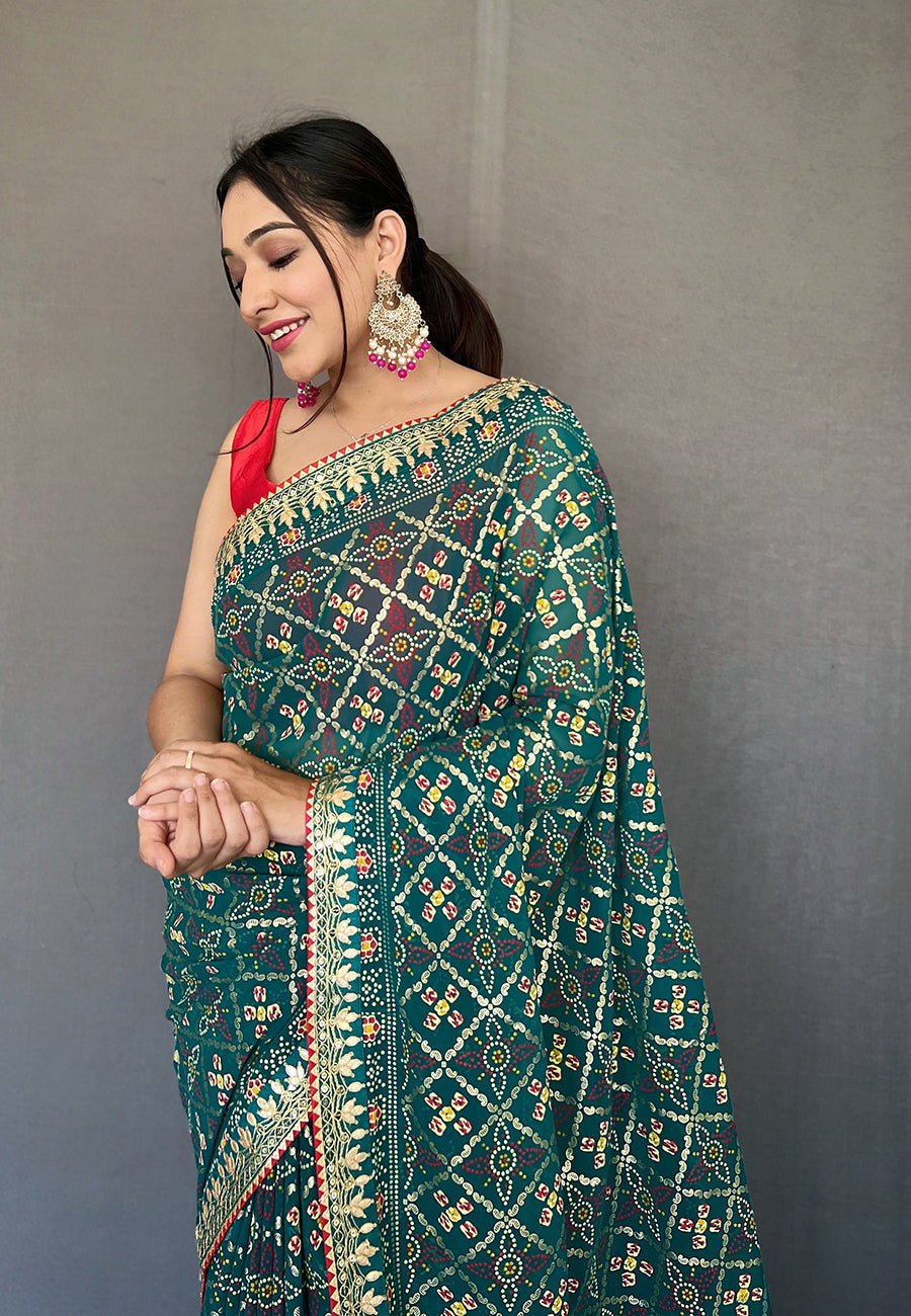 Faded Jade Green Embroidered Georgette Bandhani Saree