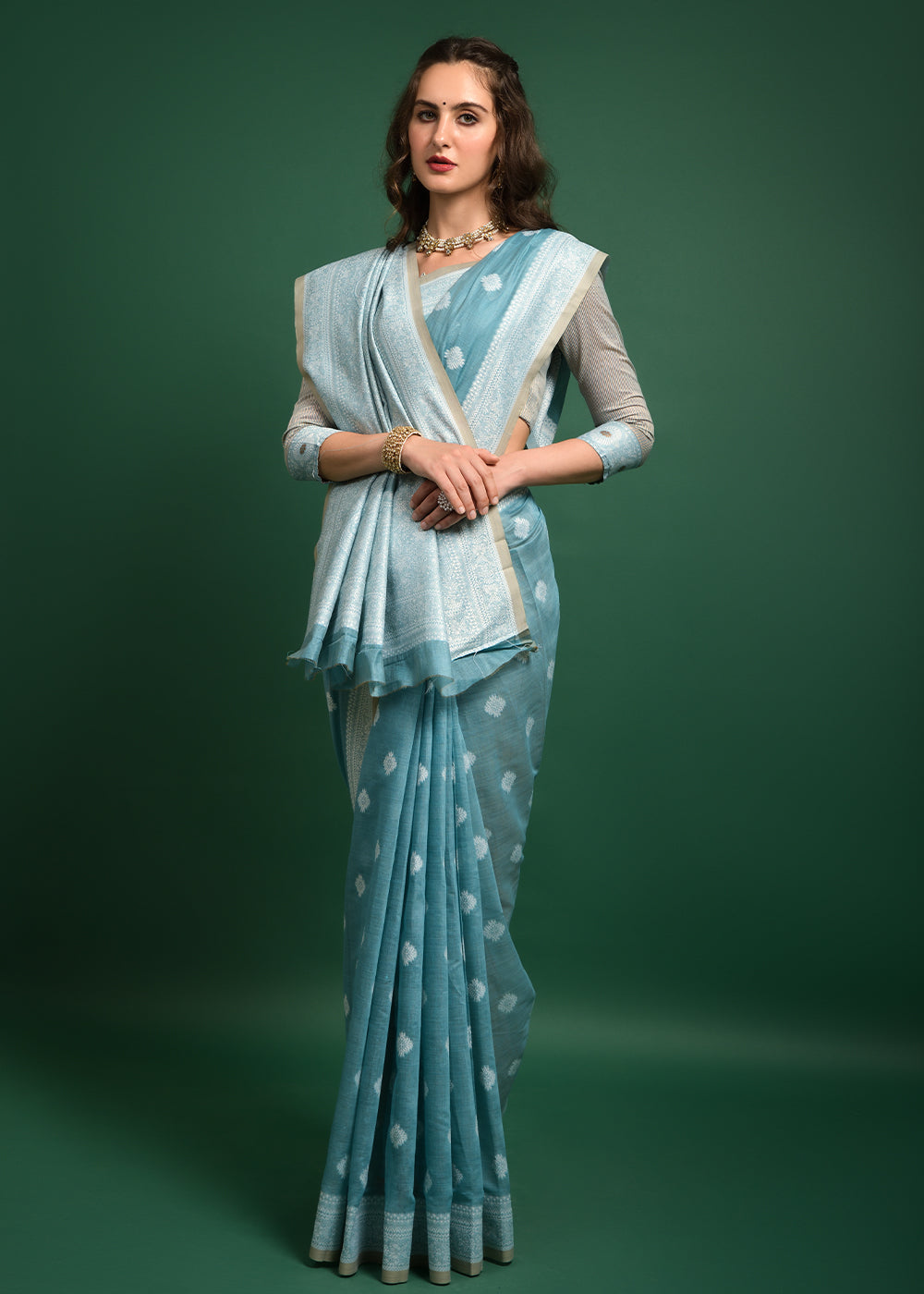 Opal Blue Chikankari Chanderi Cotton Woven Saree