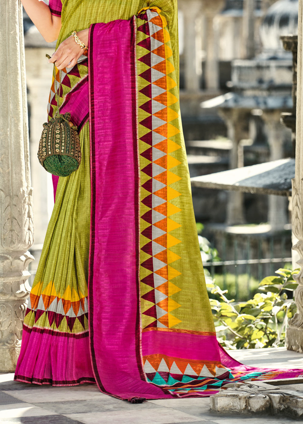 Atlantis Green and Pink Gadhwal Silk Saree