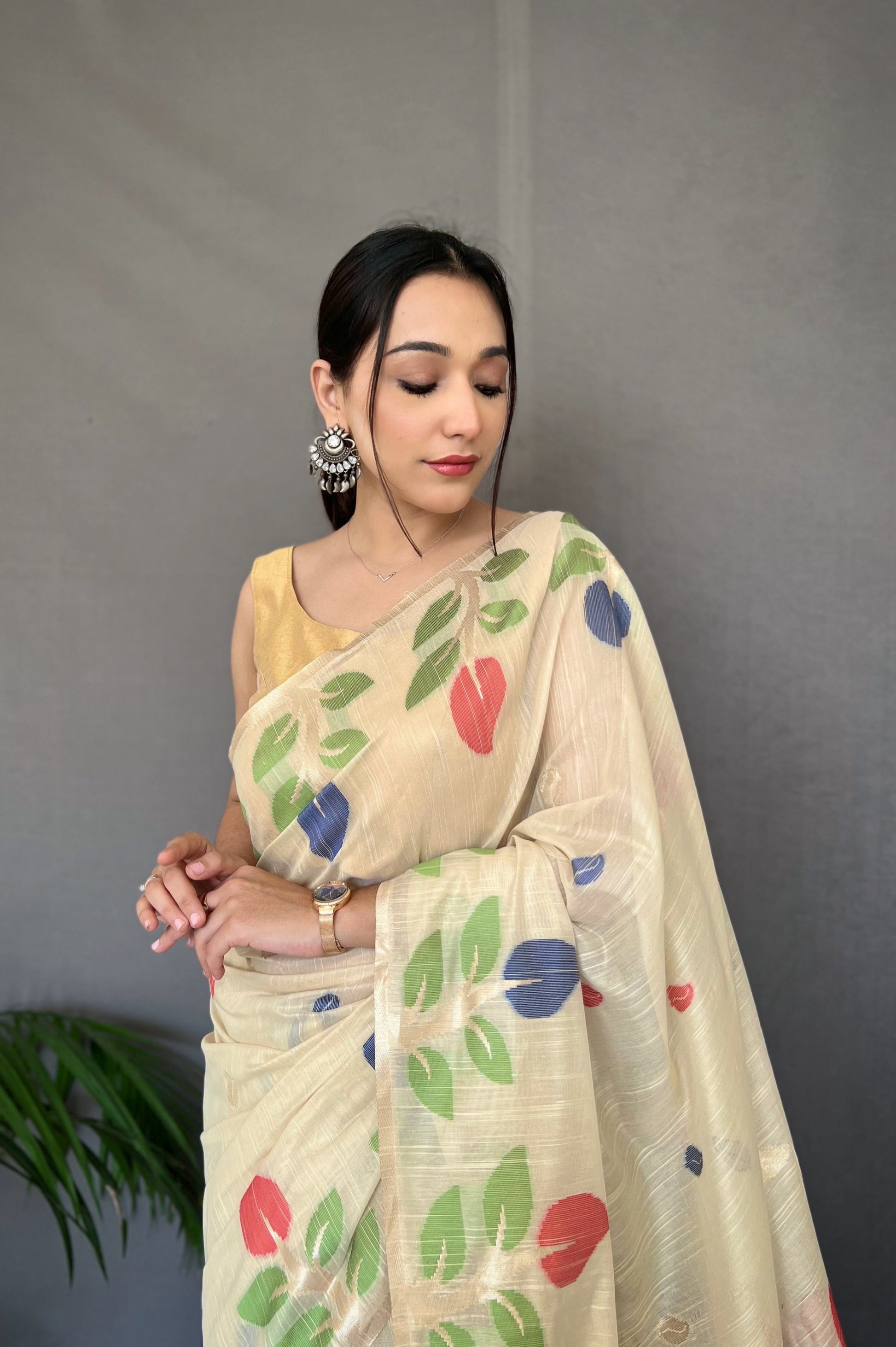 Sidecar Cream Woven Cotton Jamdani Silk Saree