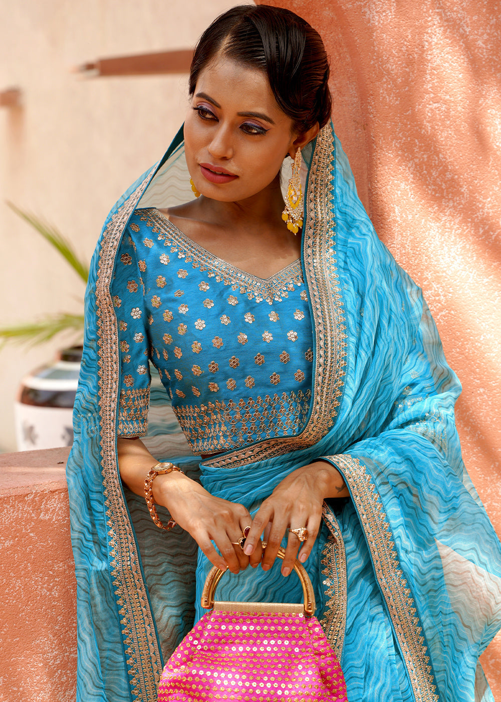 Hippie Blue Lehriya Organza Saree With Embroidered Blouse