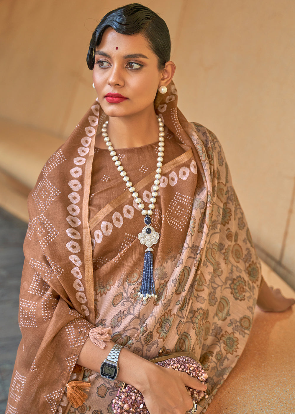 Cape Palliser Brown Floral Printed Cotton Saree