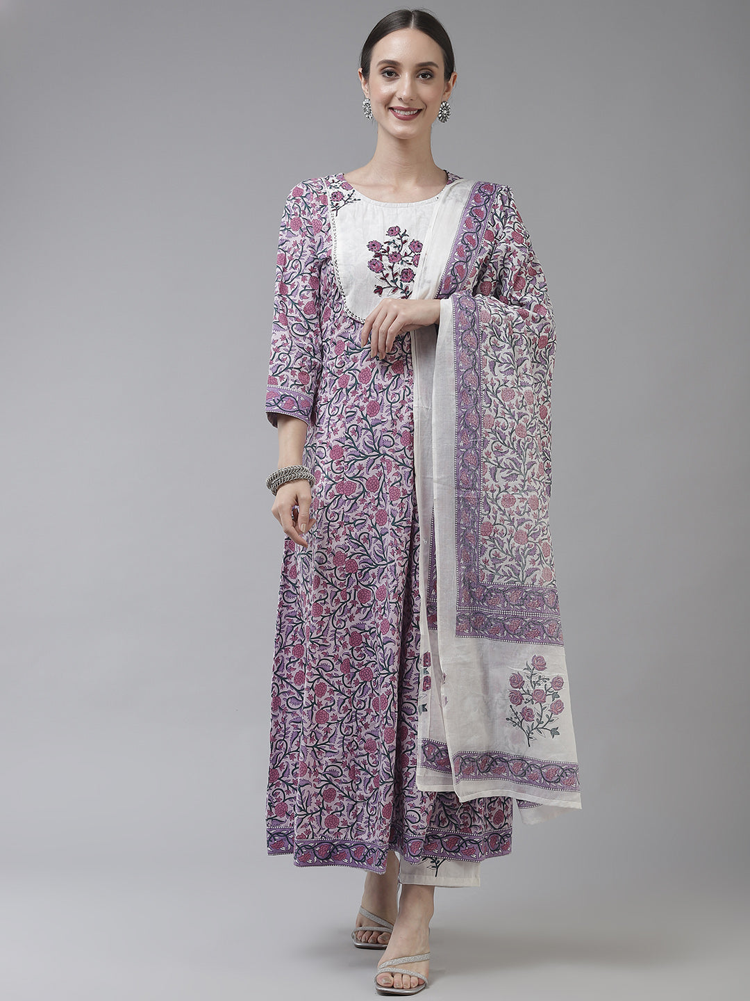 Mobster Lavender Ethnic Motifs Cotton Dupatta Set