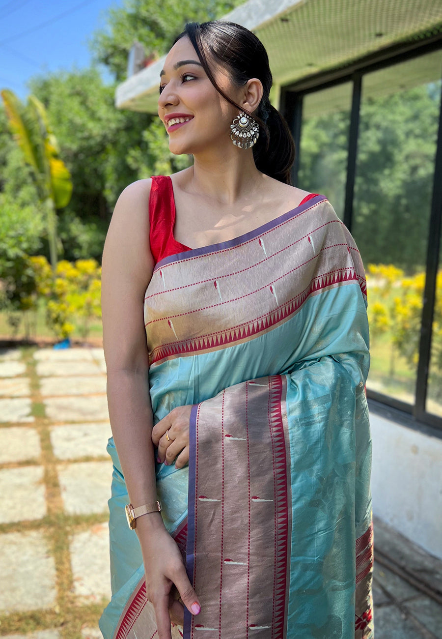 Aqua Island Blue Pichwai Woven Paithani Silk Saree