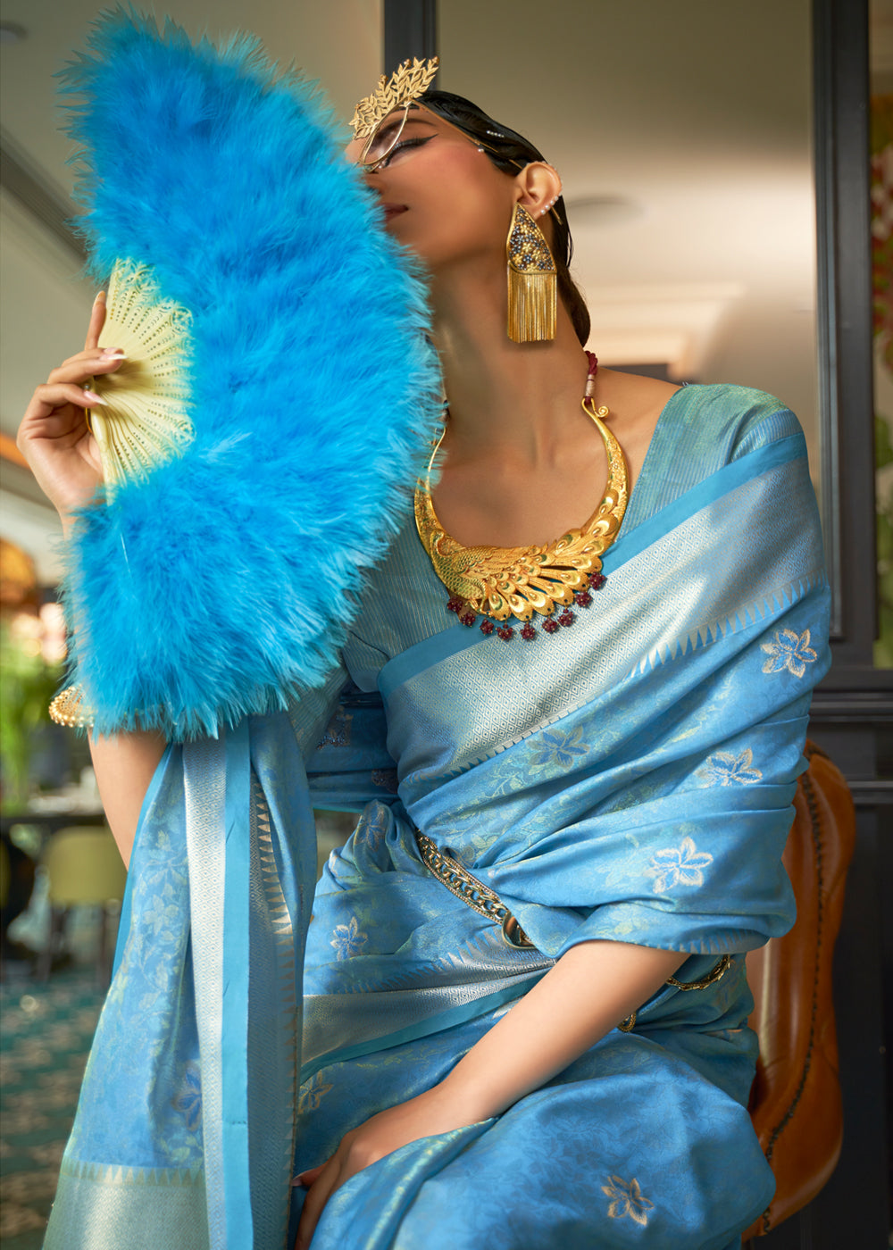 Aqua Pearl Blue Woven Organza Silk Saree