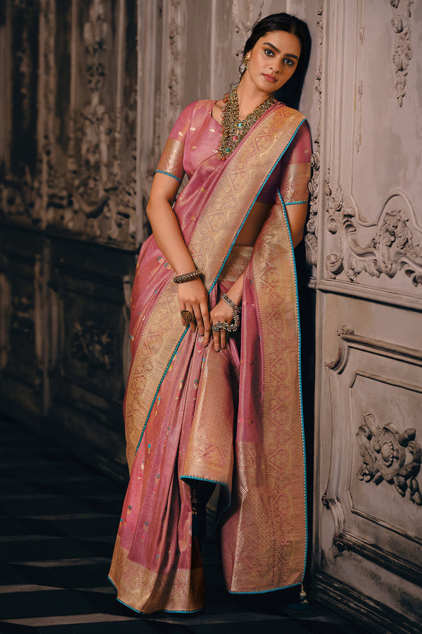 Shimmering Pink Zari Woven Banarasi Saree