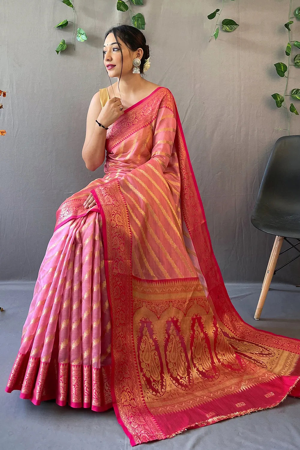 Chestnut pink Zari Woven Organza Saree