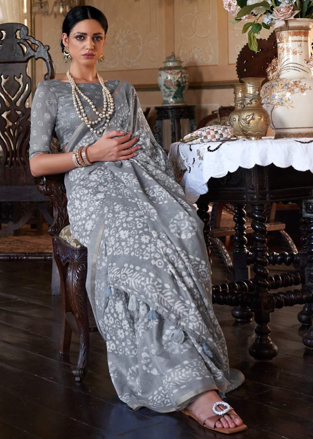 Manatee Grey Light Weight Linen Saree