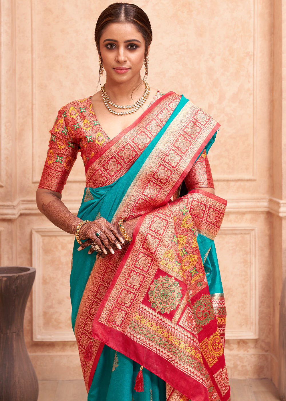 Atoll Blue and Red Zari Woven Banarasi Silk Saree