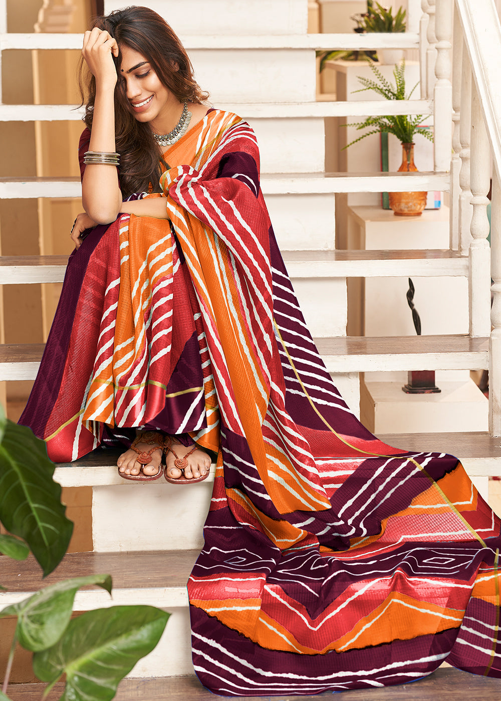 Orchid Purple Pink and Orrange Cotton Saree With Leheriya Print