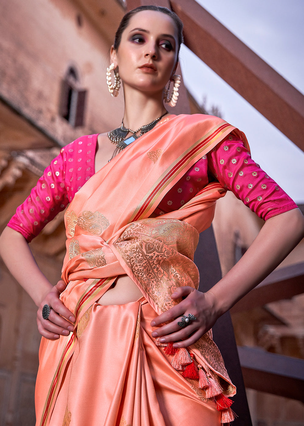 Cornflower Lilac Peach Woven Satin Silk Saree