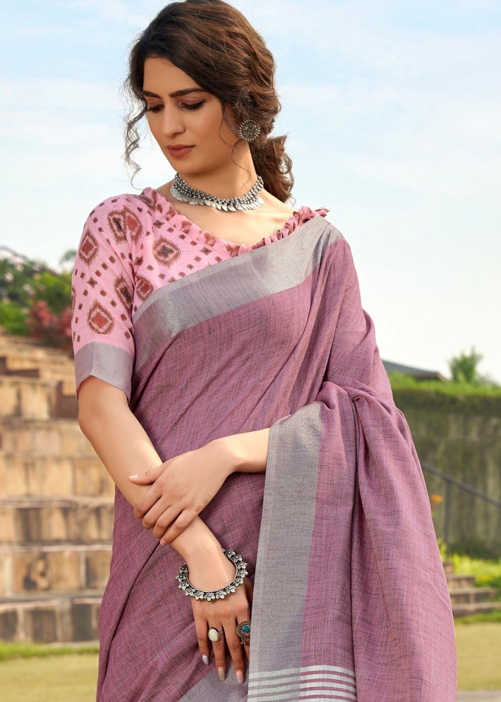 Pearl Purple Soft Linen Silk Saree