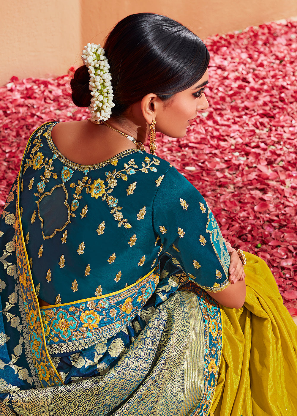 Golden Grass Yellow and Blue Embroidered Banarasi Silk Saree