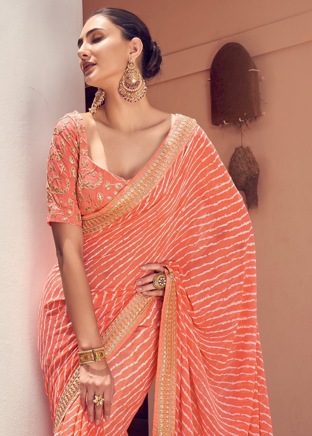 Tan Orange Lehriya Print Georgette Saree With Embroidered Blouse